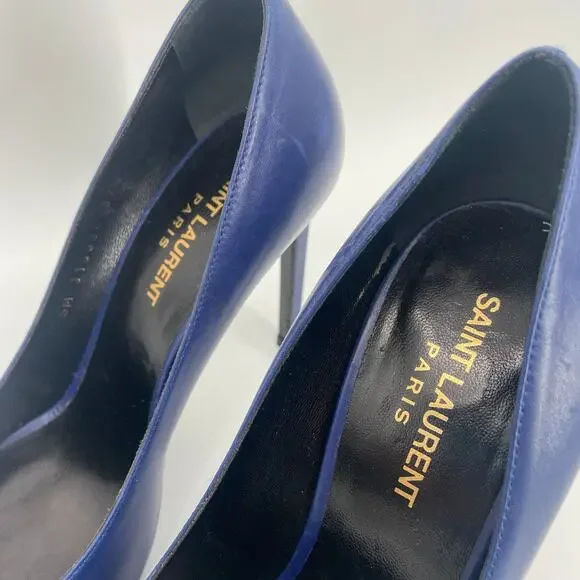 Saint Laurent Paris Pointed Toe Calfskin Pump Navy Blue